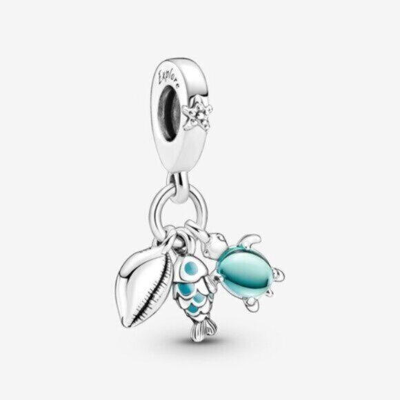 Pandora Fish, Sea Turtle & Conch Triple Dangle Charm - Picture 1 of 5